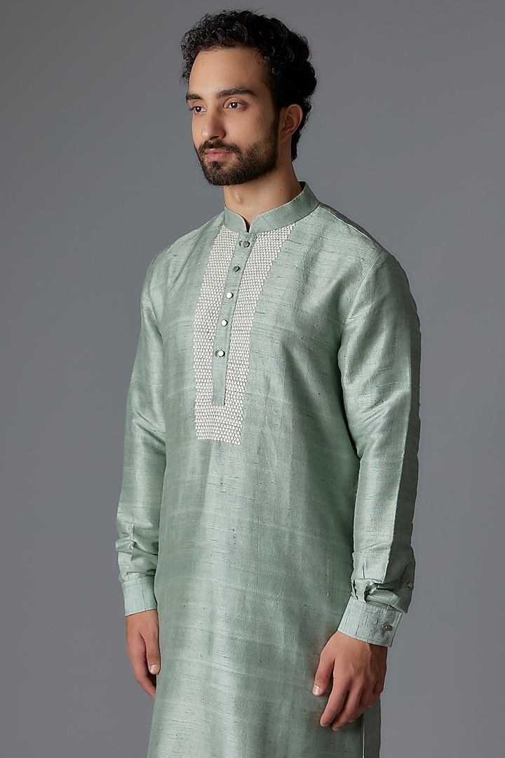 Jade Green Raw Silk Kurta Set by Divyam Mehta Men at Pernia's Pop Up Shop