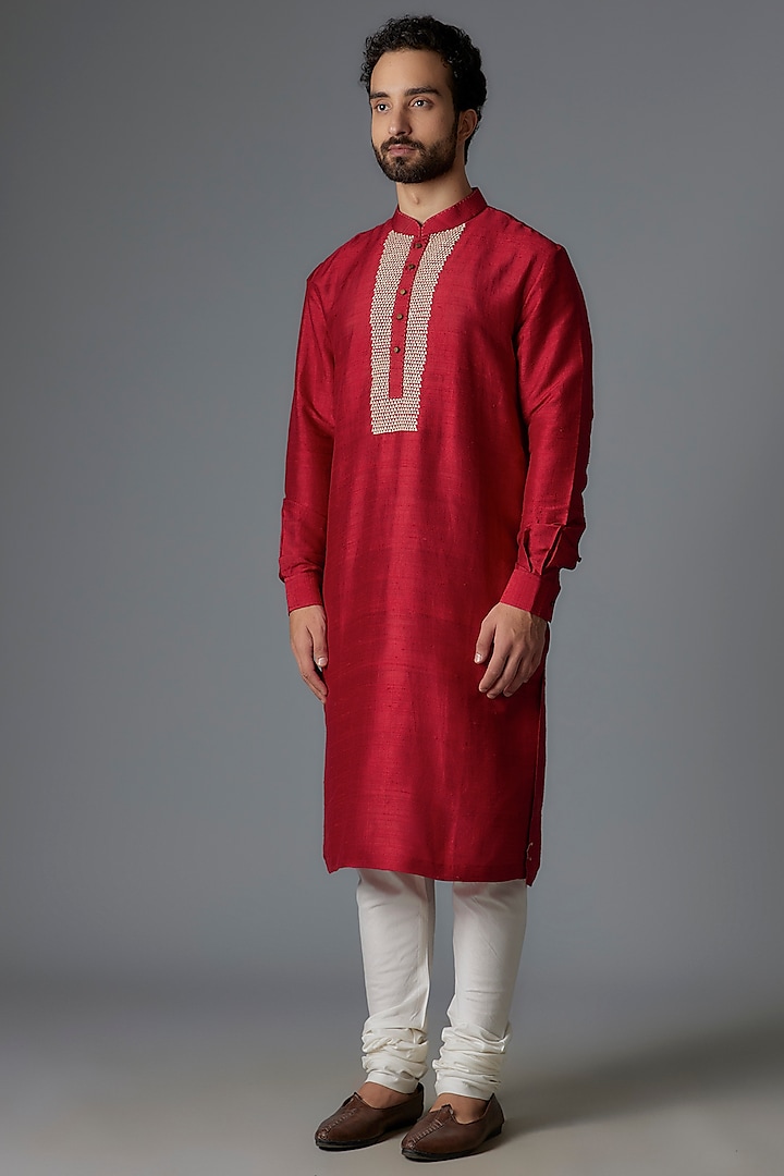 Red Raw Silk Kurta Set by Divyam Mehta Men