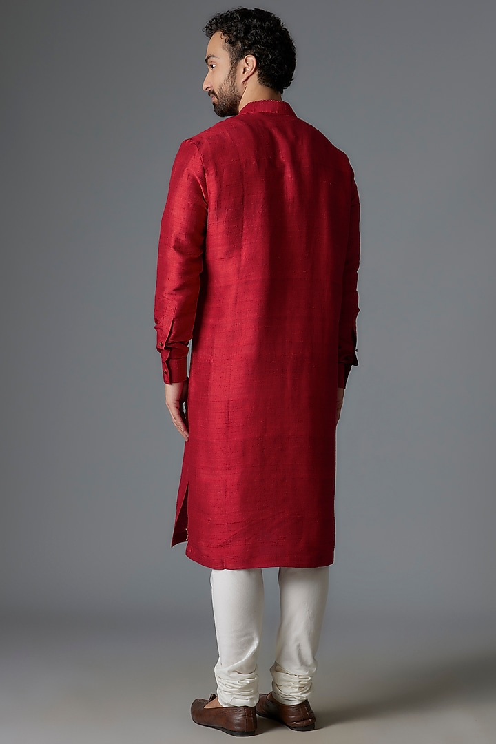 Red Raw Silk Kurta Set by Divyam Mehta Men at Pernia's Pop Up Shop