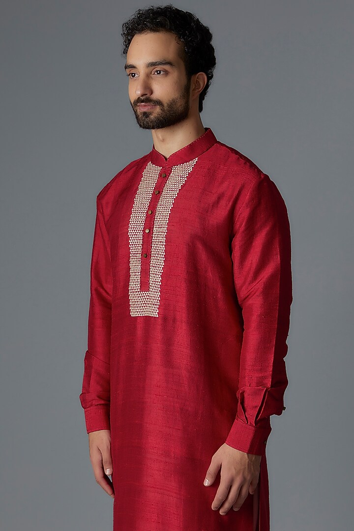 Red Raw Silk Kurta Set by Divyam Mehta Men at Pernia's Pop Up Shop