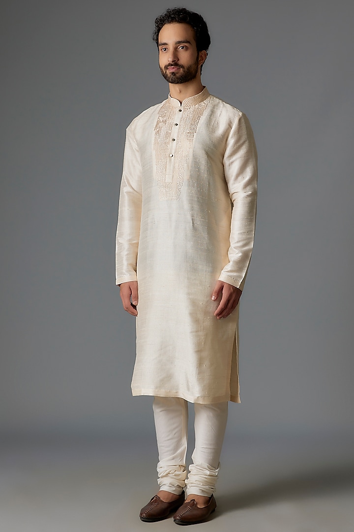 Ivory Raw Silk Kurta Set by Divyam Mehta Men