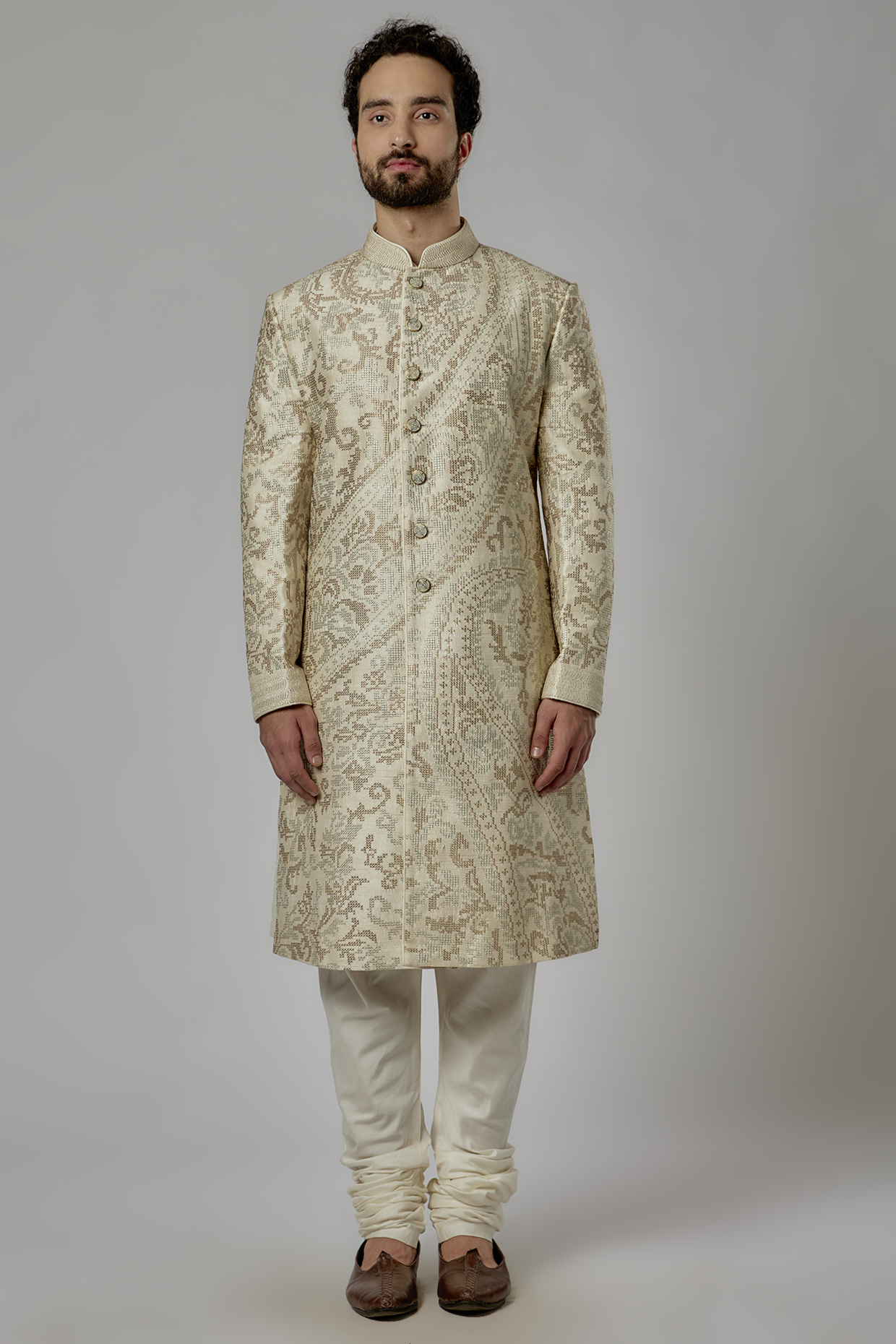 Ivory Raw Silk Sherwani Set by Divyam Mehta Men