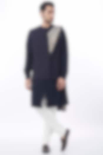 Space Blue Matka Silk Nehru Jacket by Divyam Mehta Men at Pernia's Pop Up Shop