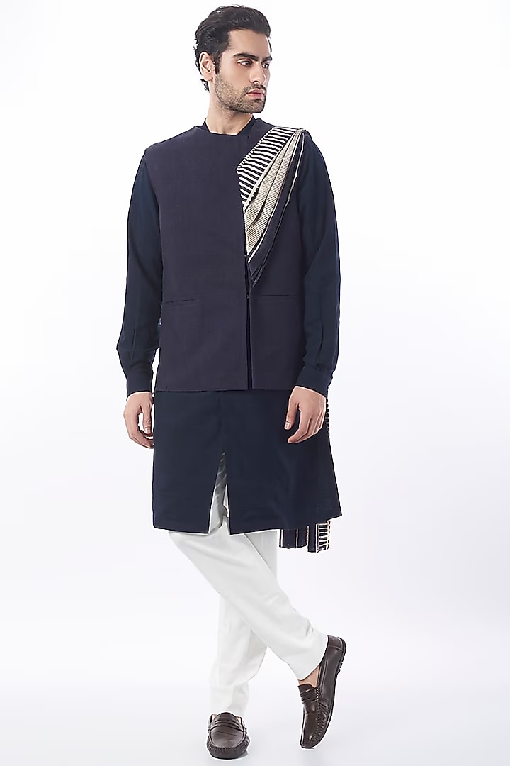 Space Blue Matka Silk Nehru Jacket by Divyam Mehta Men at Pernia's Pop Up Shop