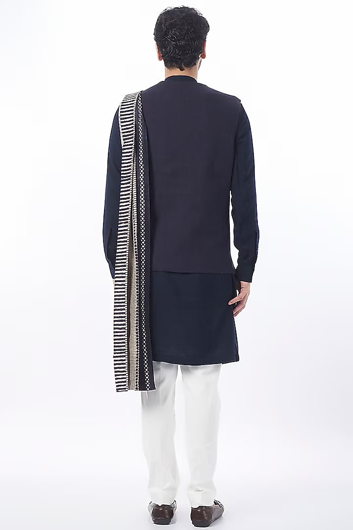 Space Blue Matka Silk Nehru Jacket by Divyam Mehta Men at Pernia's Pop Up Shop