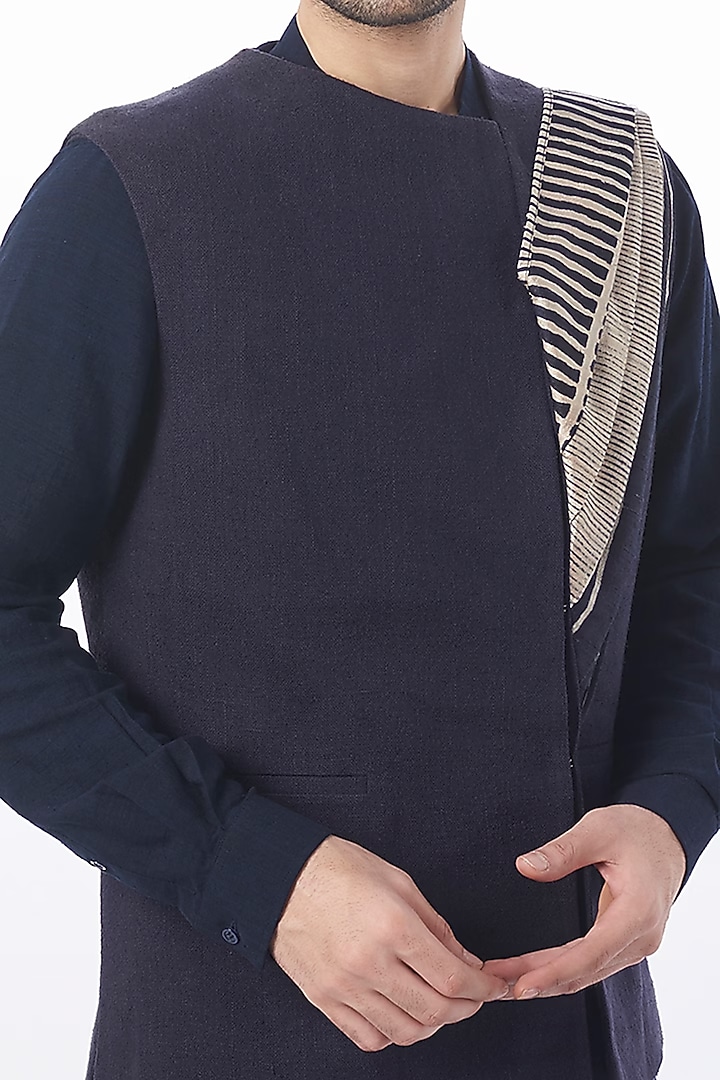 Space Blue Matka Silk Nehru Jacket by Divyam Mehta Men at Pernia's Pop Up Shop