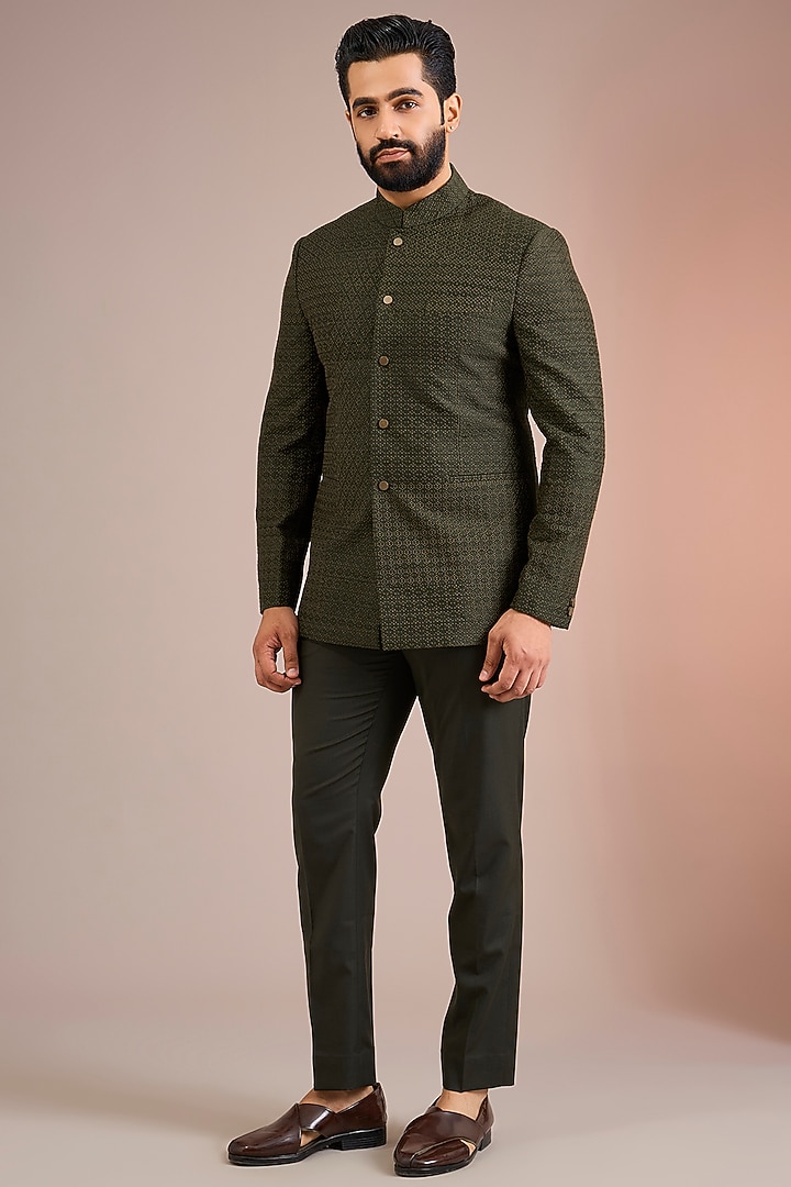 Black Olive Raw Silk Groom Bandhgala Set by Divyam Mehta Men at Pernia's Pop Up Shop