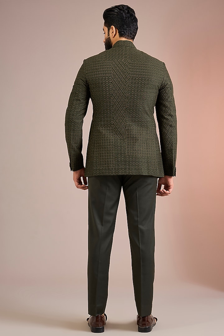 Black Olive Raw Silk Groom Bandhgala Set by Divyam Mehta Men at Pernia's Pop Up Shop