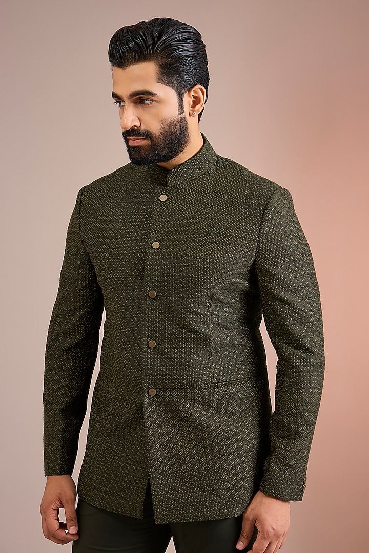 Black Olive Raw Silk Groom Bandhgala Set by Divyam Mehta Men at Pernia's Pop Up Shop