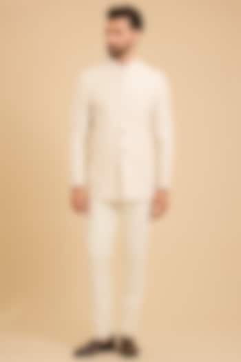 Pearl White Matka Silk Groom Bandhgala Set by Divyam Mehta Men at Pernia's Pop Up Shop