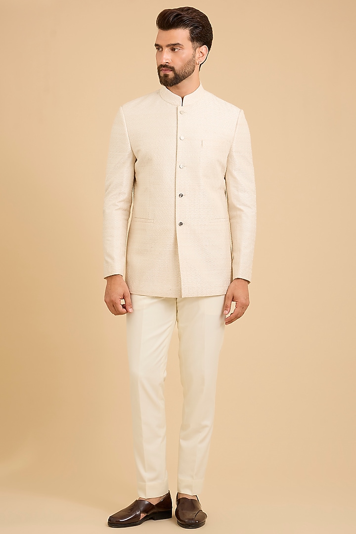 Pearl White Matka Silk Groom Bandhgala Set by Divyam Mehta Men at Pernia's Pop Up Shop