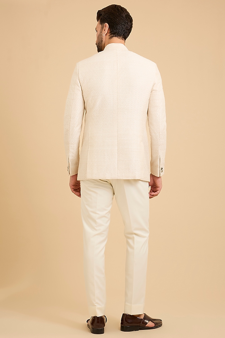 Pearl White Matka Silk Groom Bandhgala Set by Divyam Mehta Men at Pernia's Pop Up Shop