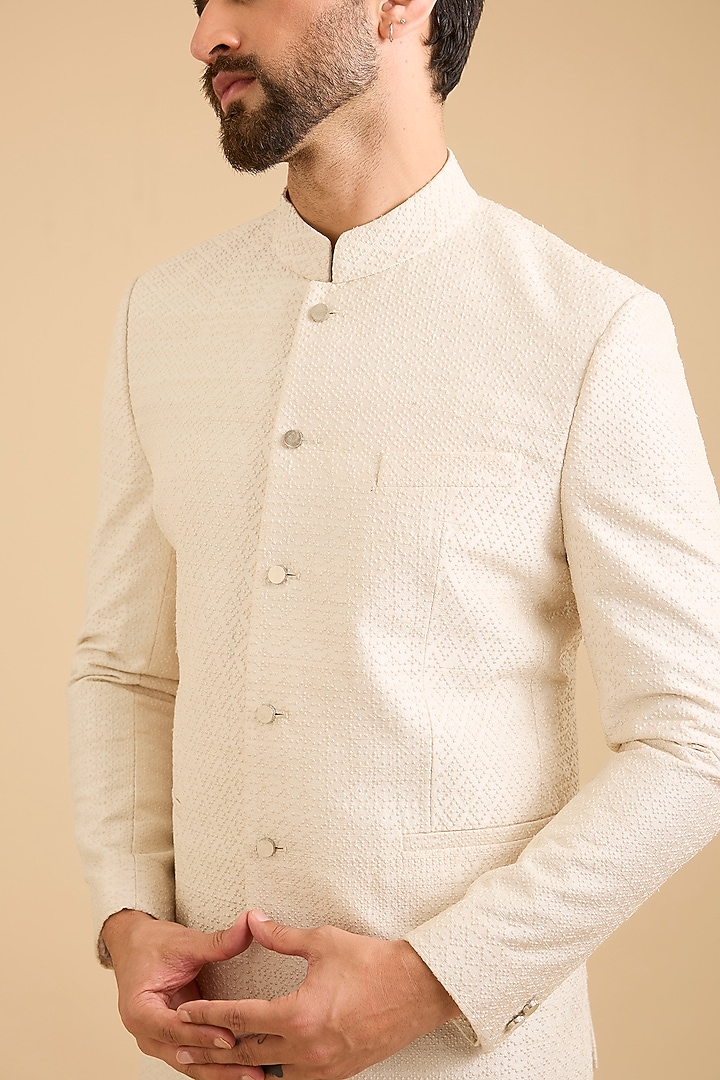 Pearl White Matka Silk Groom Bandhgala Set by Divyam Mehta Men at Pernia's Pop Up Shop