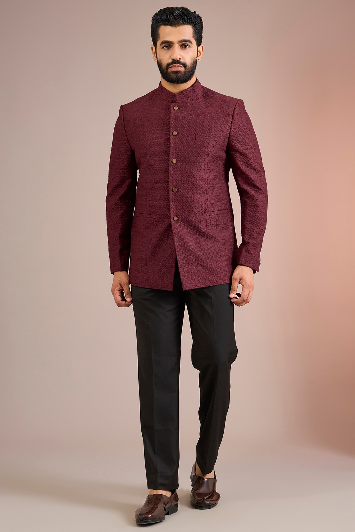 Divyam Mehta Beetroot Red Raw Silk Bandhgala Set