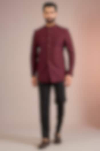 Beetroot Red Raw Silk Groom Bandhgala Set by Divyam Mehta Men at Pernia's Pop Up Shop