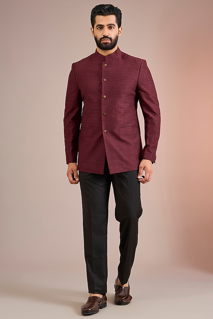 Beetroot Red Raw Silk Groom Bandhgala Set by Divyam Mehta Men at Pernia's Pop Up Shop