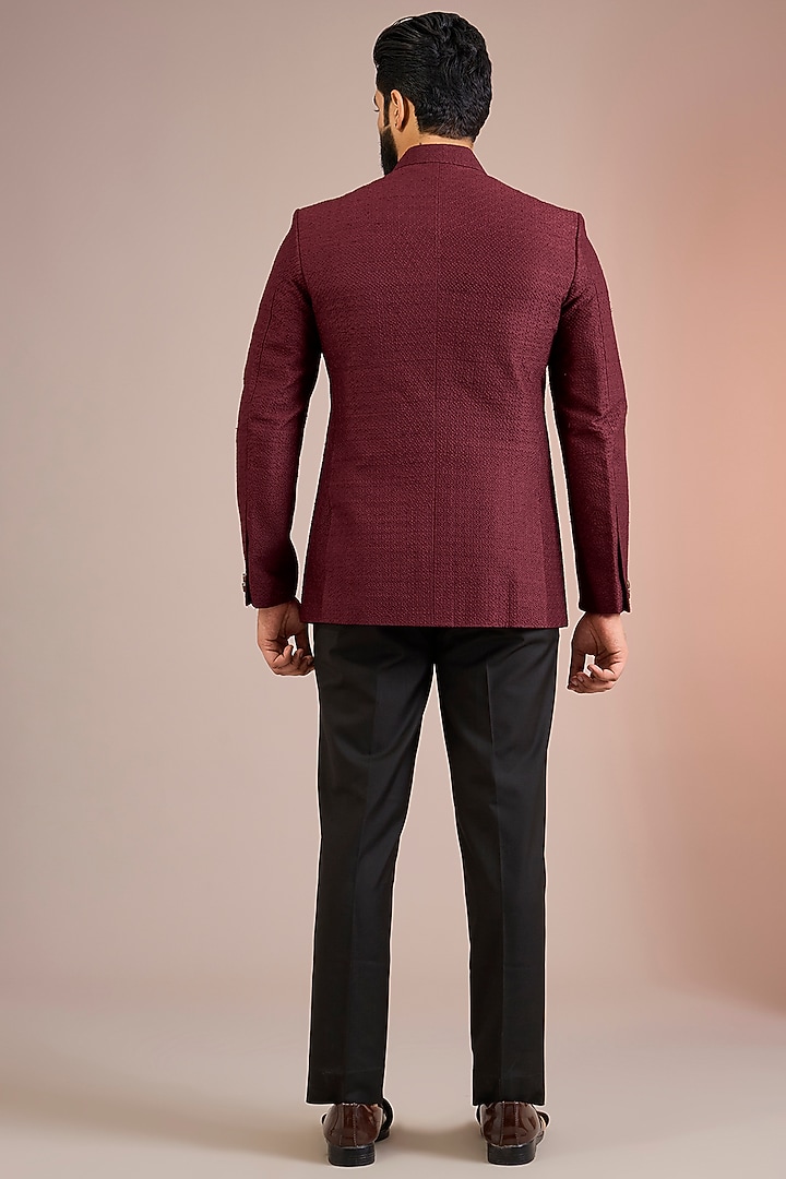 Beetroot Red Raw Silk Groom Bandhgala Set by Divyam Mehta Men at Pernia's Pop Up Shop