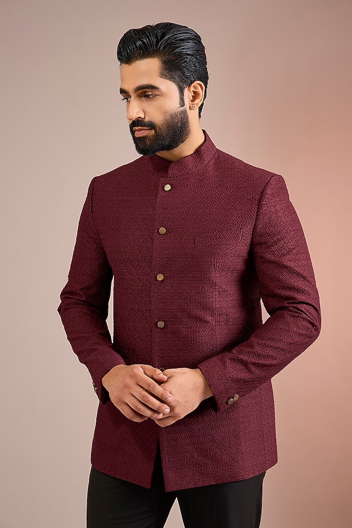 Beetroot Red Raw Silk Groom Bandhgala Set by Divyam Mehta Men at Pernia's Pop Up Shop