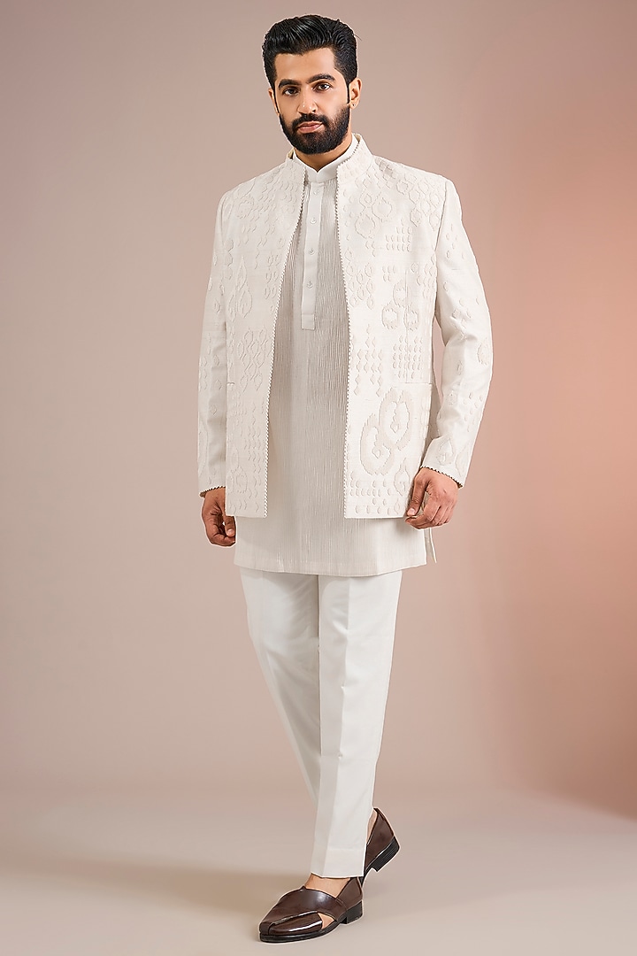 Pearl White Raw Silk Groom Indowestern Set by Divyam Mehta Men at Pernia's Pop Up Shop