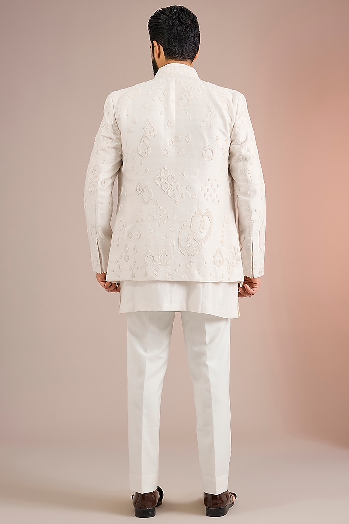 Pearl White Raw Silk Groom Indowestern Set by Divyam Mehta Men at Pernia's Pop Up Shop