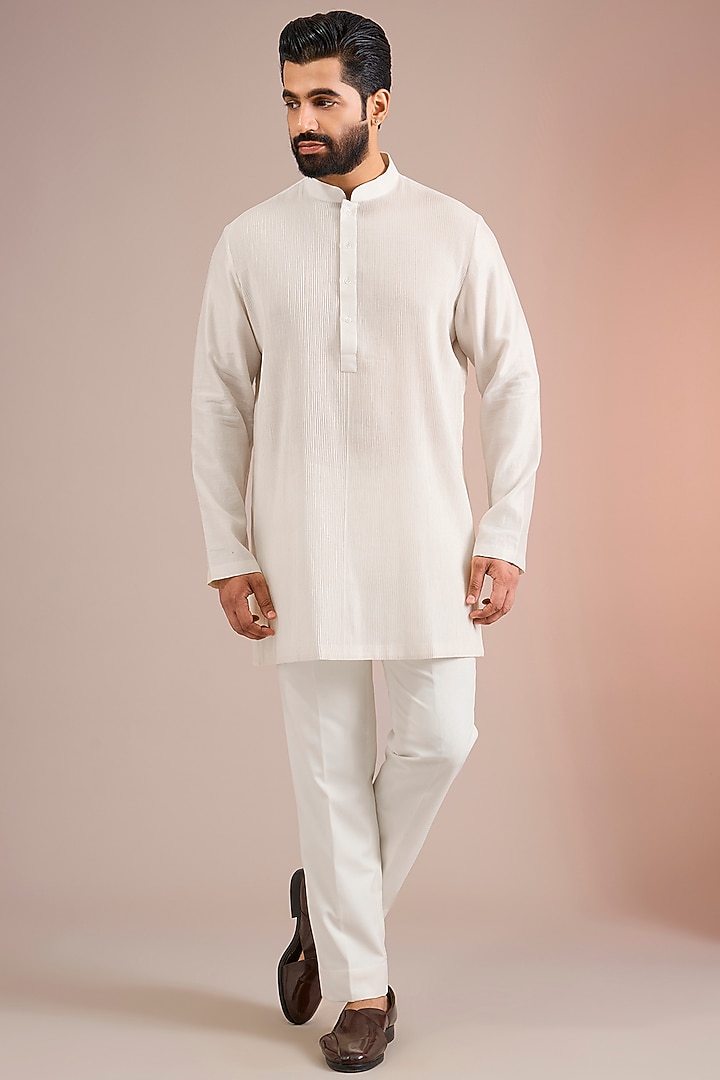 Pearl White Raw Silk Groom Indowestern Set by Divyam Mehta Men at Pernia's Pop Up Shop