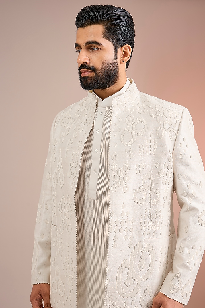 Pearl White Raw Silk Groom Indowestern Set by Divyam Mehta Men at Pernia's Pop Up Shop
