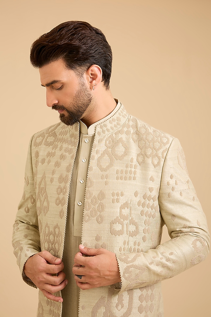Mint Matka Silk Bundi Jacket Set by Divyam Mehta Men at Pernia's Pop Up Shop