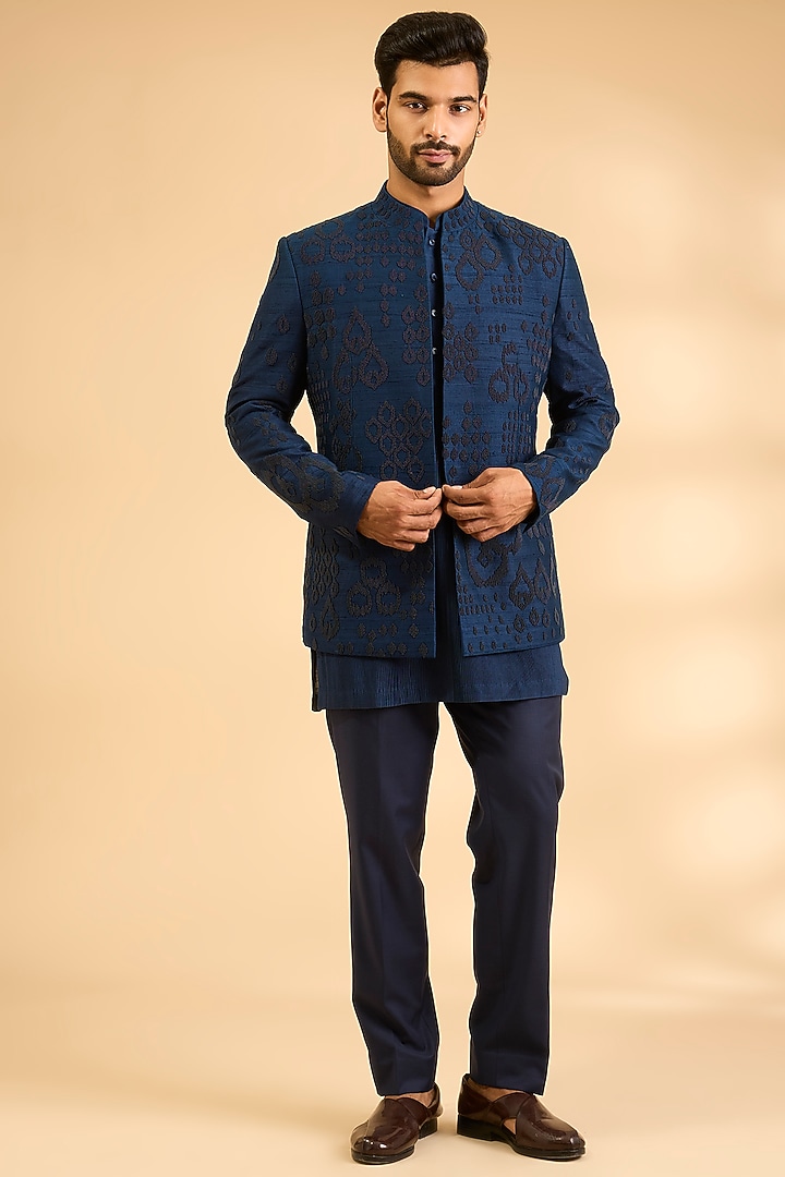 Midnight Blue Silk Groom Indowestern Set by Divyam Mehta Men at Pernia's Pop Up Shop
