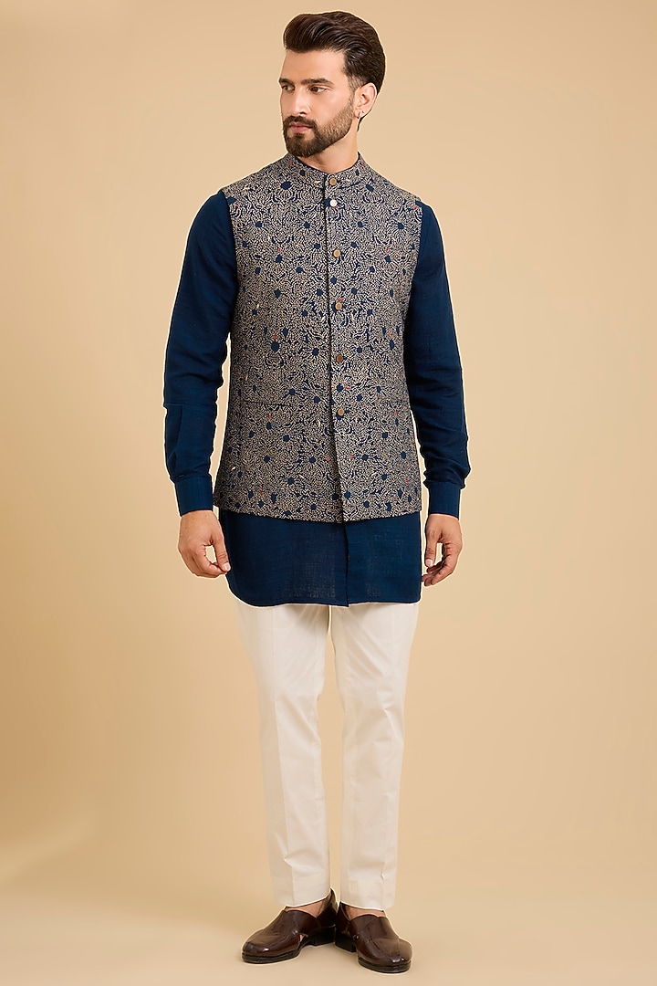 Midnight Blue Matka Silk Bundi Jacket Set by Divyam Mehta Men at Pernia's Pop Up Shop