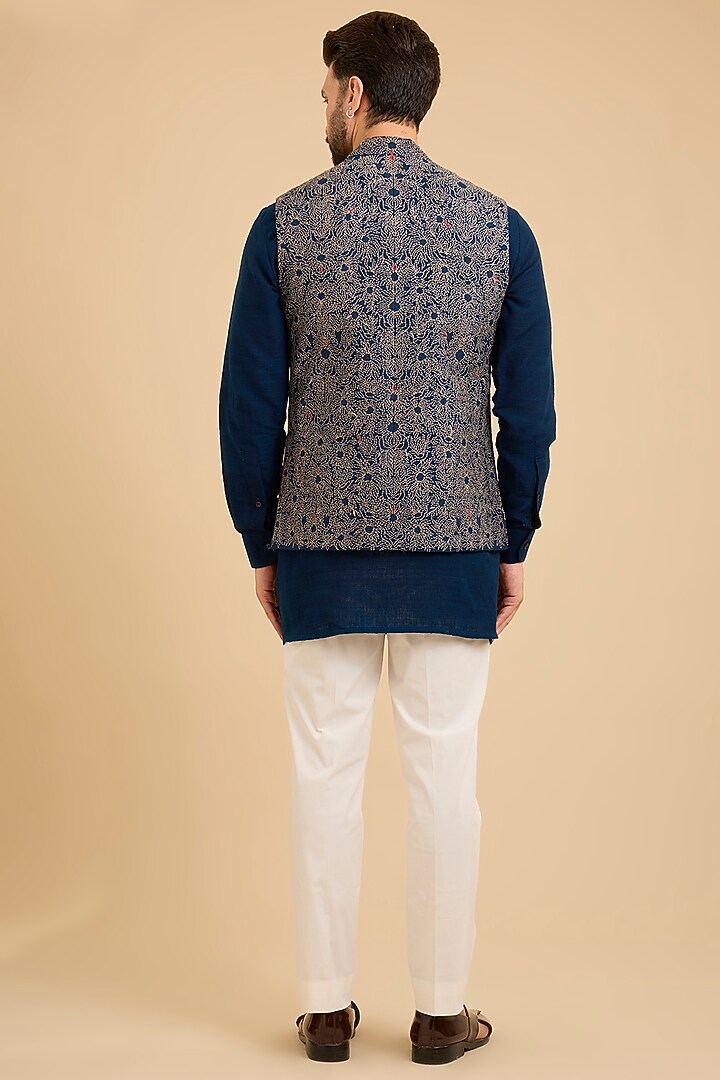 Midnight Blue Matka Silk Bundi Jacket Set by Divyam Mehta Men at Pernia's Pop Up Shop