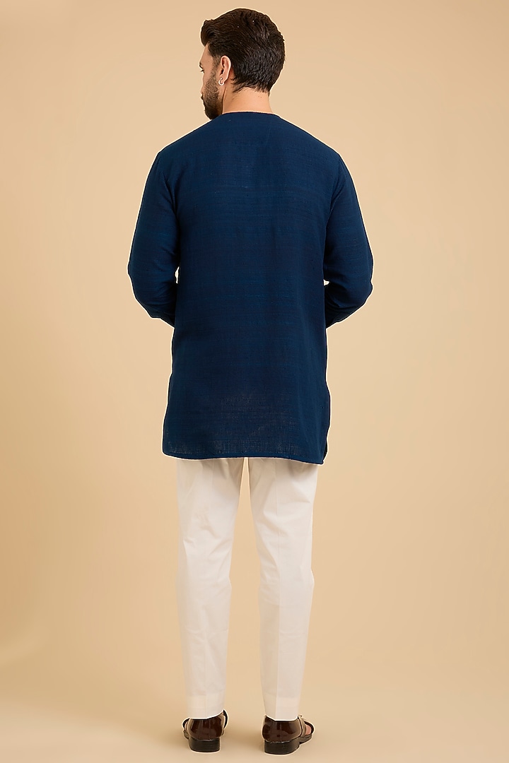 Midnight Blue Matka Silk Bundi Jacket Set by Divyam Mehta Men at Pernia's Pop Up Shop