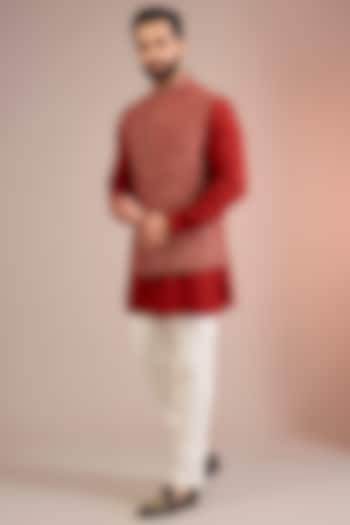 Red Mulberry Silk Bundi Jacket Set by Divyam Mehta Men at Pernia's Pop Up Shop