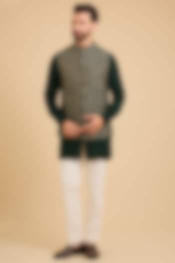 Bottle Green Matka Silk Bundi Jacket Set by Divyam Mehta Men at Pernia's Pop Up Shop
