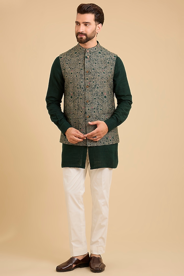Bottle Green Matka Silk Bundi Jacket Set by Divyam Mehta Men at Pernia's Pop Up Shop