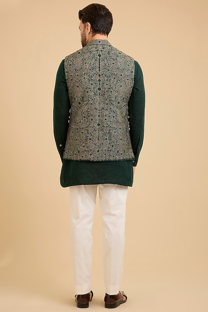 Bottle Green Matka Silk Bundi Jacket Set by Divyam Mehta Men at Pernia's Pop Up Shop