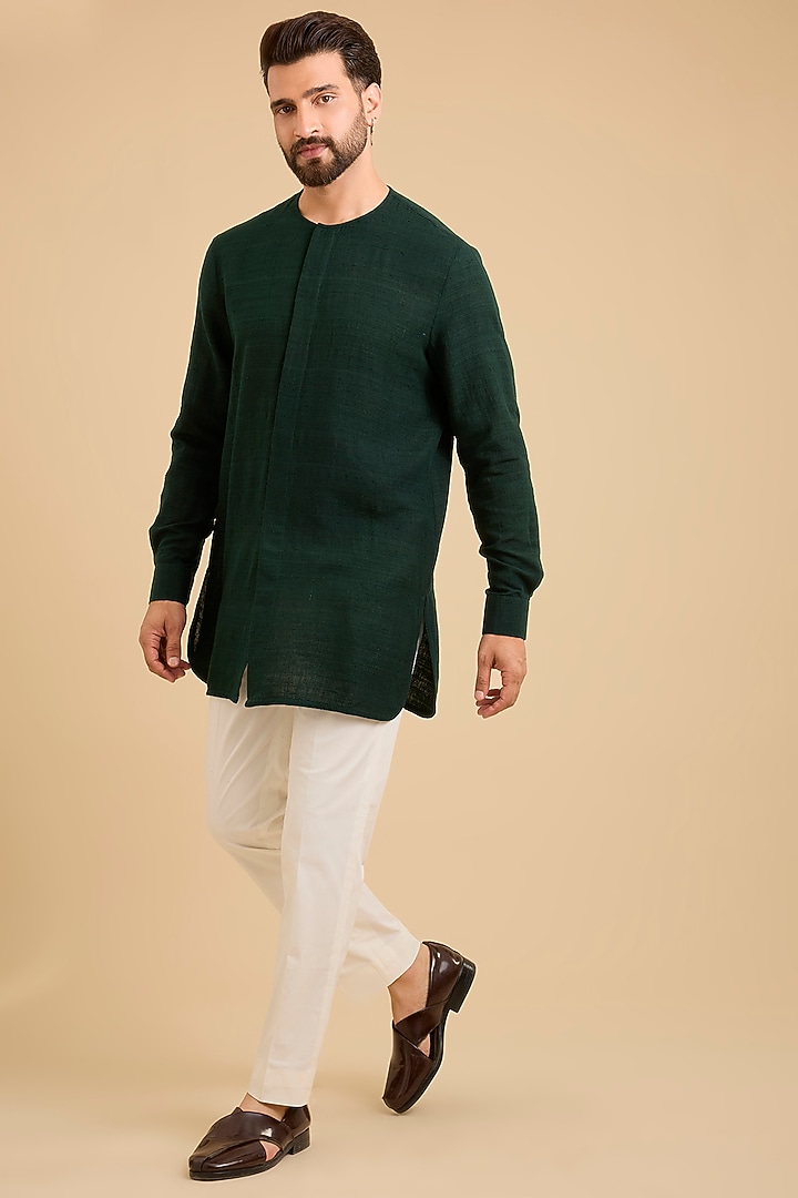 Bottle Green Matka Silk Bundi Jacket Set by Divyam Mehta Men at Pernia's Pop Up Shop