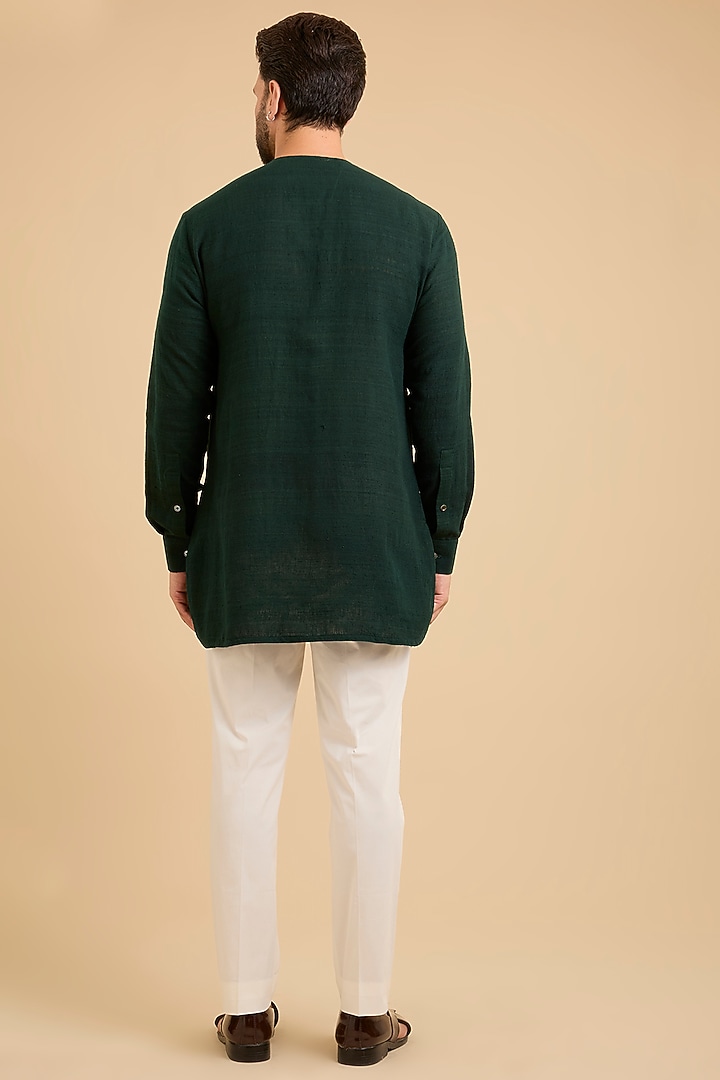 Bottle Green Matka Silk Bundi Jacket Set by Divyam Mehta Men at Pernia's Pop Up Shop