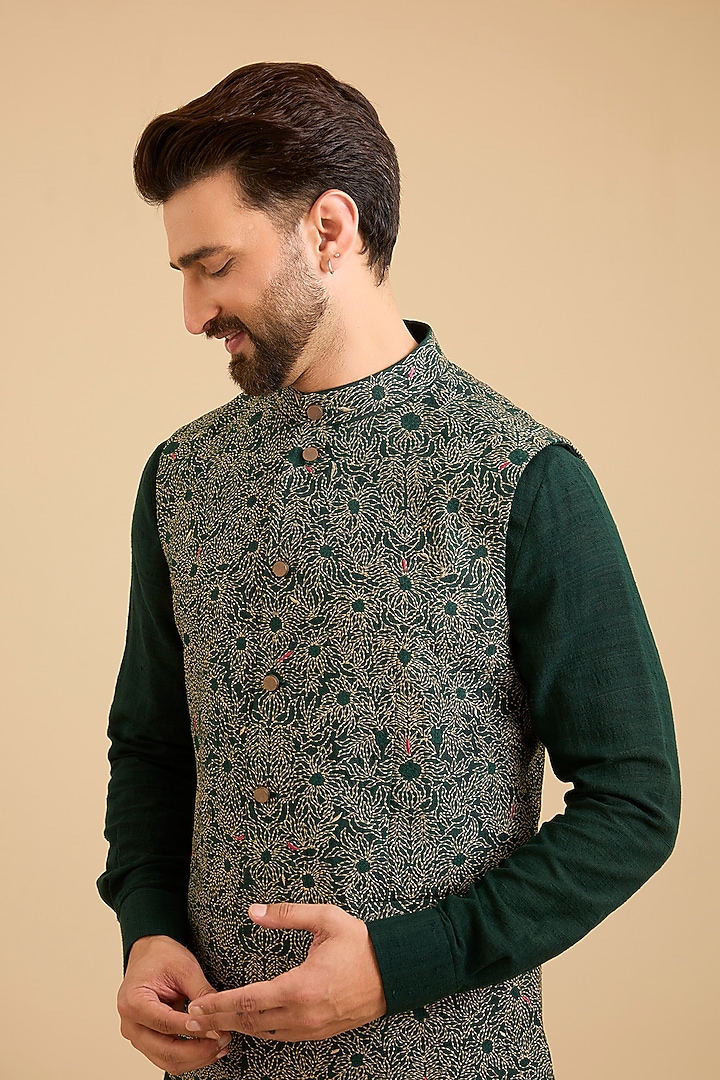 Bottle Green Matka Silk Bundi Jacket Set by Divyam Mehta Men at Pernia's Pop Up Shop