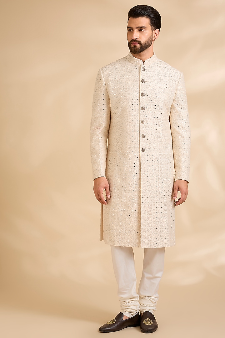 Vanilla White Raw Silk Embroidered Groom Sherwani Set by Divyam Mehta Men at Pernia's Pop Up Shop