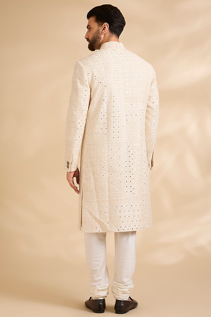 Vanilla White Raw Silk Embroidered Groom Sherwani Set by Divyam Mehta Men at Pernia's Pop Up Shop