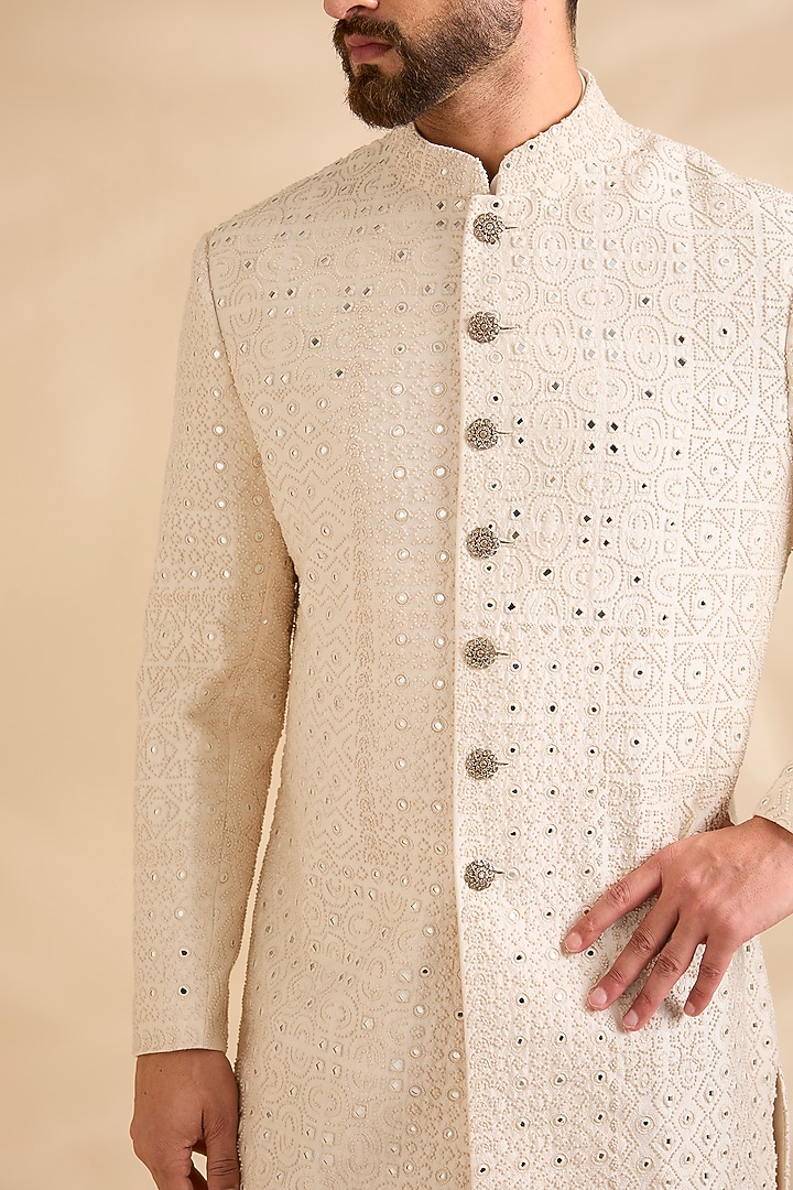 Vanilla White Raw Silk Embroidered Groom Sherwani Set by Divyam Mehta Men at Pernia's Pop Up Shop