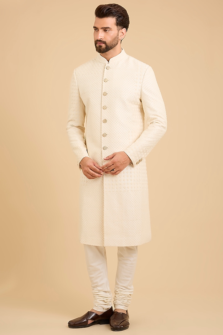 Ivory Matka Silk Groom Sherwani Set by Divyam Mehta Men at Pernia's Pop Up Shop