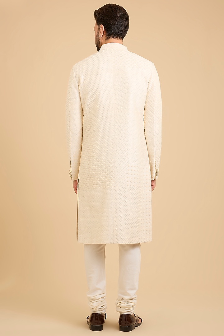 Ivory Matka Silk Groom Sherwani Set by Divyam Mehta Men at Pernia's Pop Up Shop