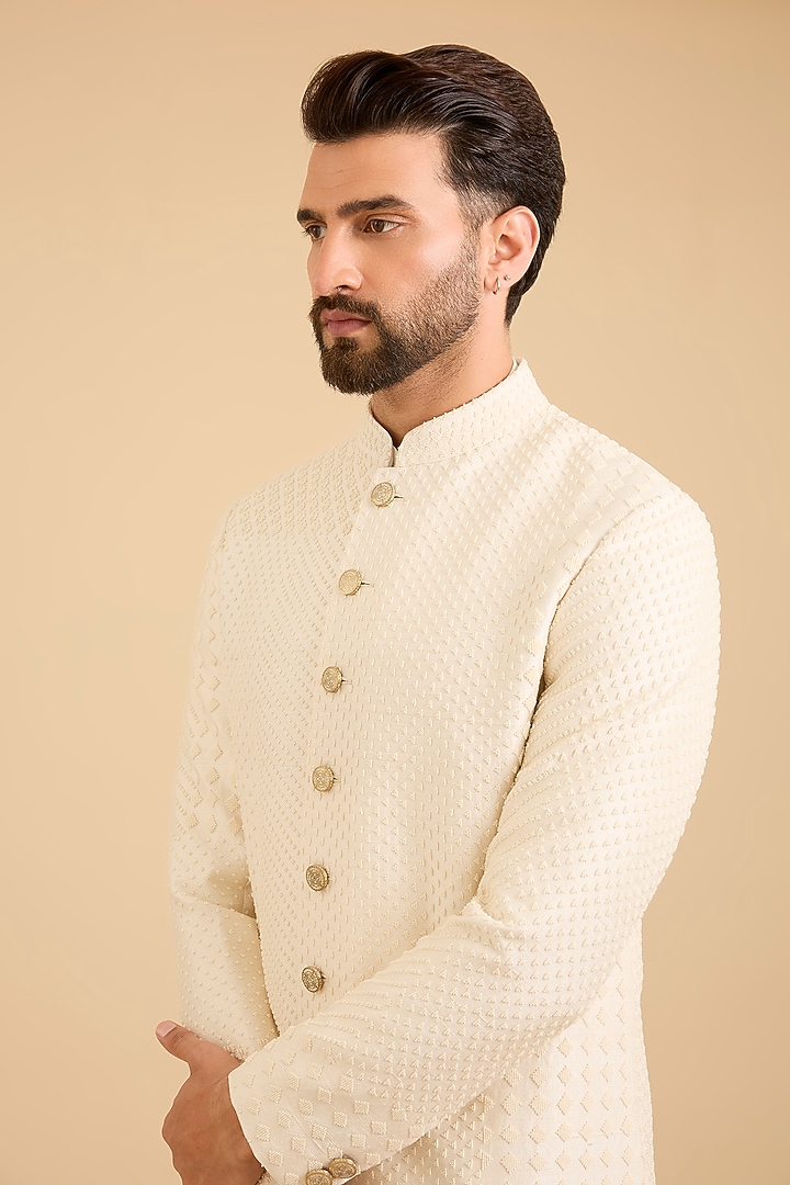 Ivory Matka Silk Groom Sherwani Set by Divyam Mehta Men at Pernia's Pop Up Shop