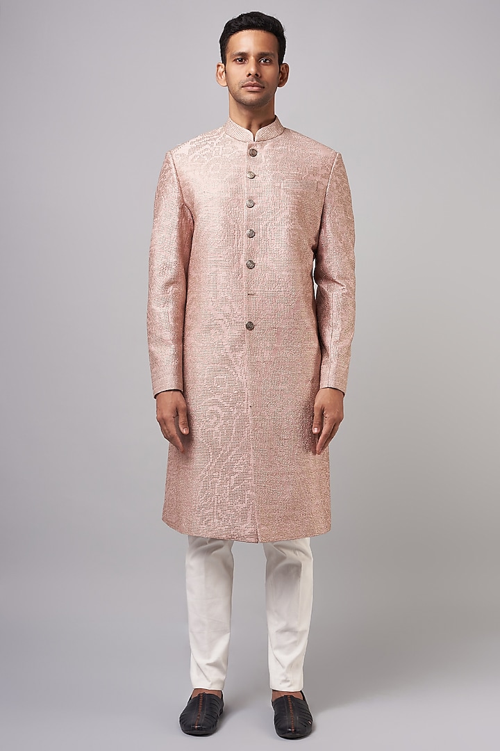 Pink Raw Silk Embroidered Sherwani Set by Divyam Mehta Men
