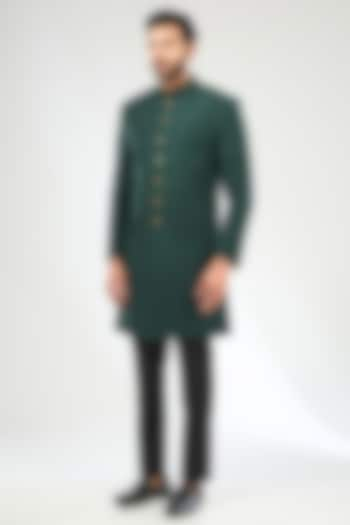 Green Silk Embroidered Groom Sherwani Set by Divyam Mehta Men at Pernia's Pop Up Shop