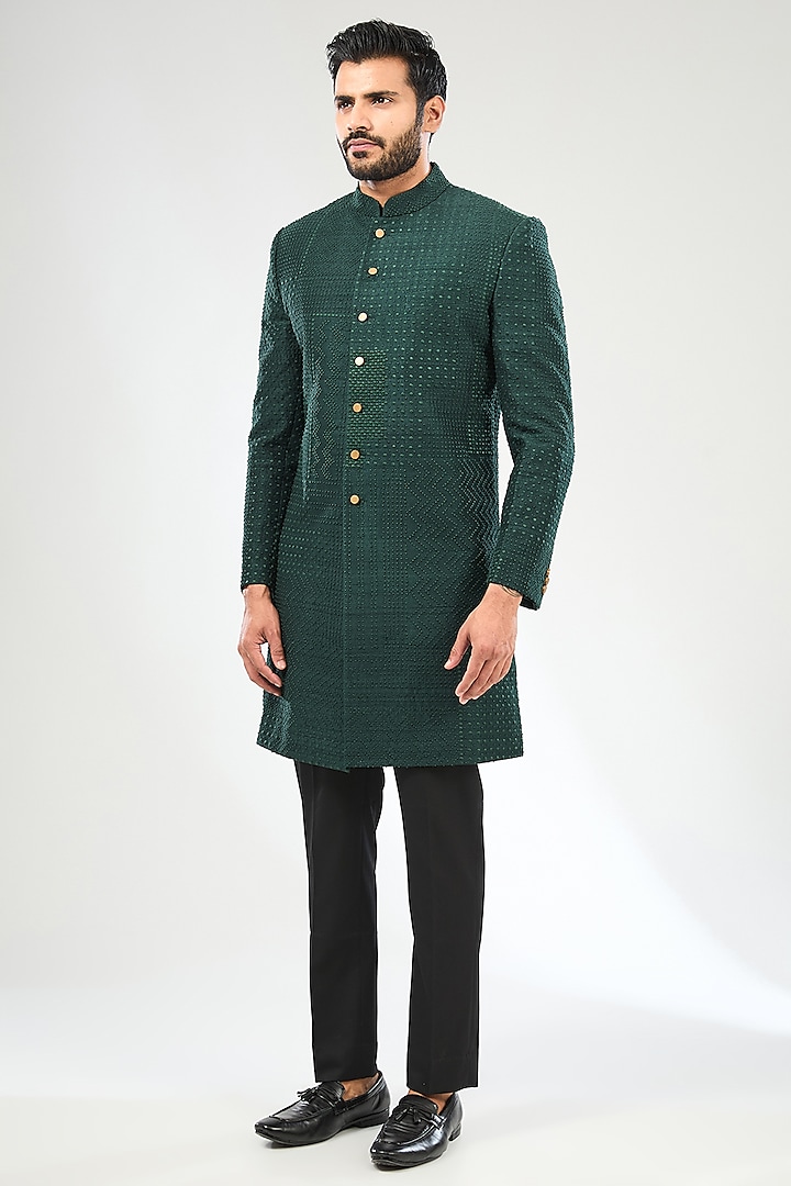 Green Silk Embroidered Sherwani Set by Divyam Mehta Men