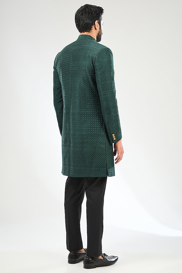 Green Silk Embroidered Groom Sherwani Set by Divyam Mehta Men at Pernia's Pop Up Shop