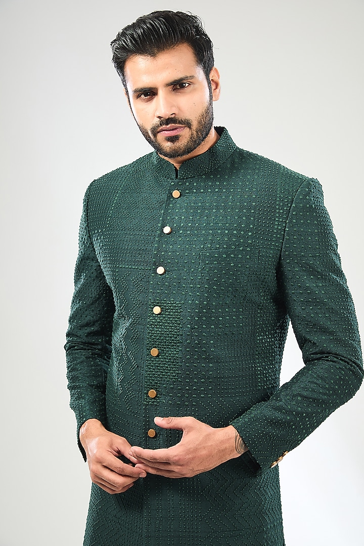 Green Silk Embroidered Groom Sherwani Set by Divyam Mehta Men at Pernia's Pop Up Shop
