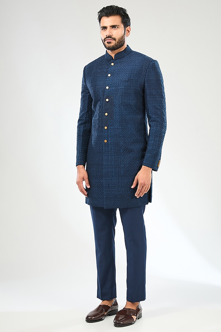 Blue Silk Embroidered Sherwani Set by Divyam Mehta Men